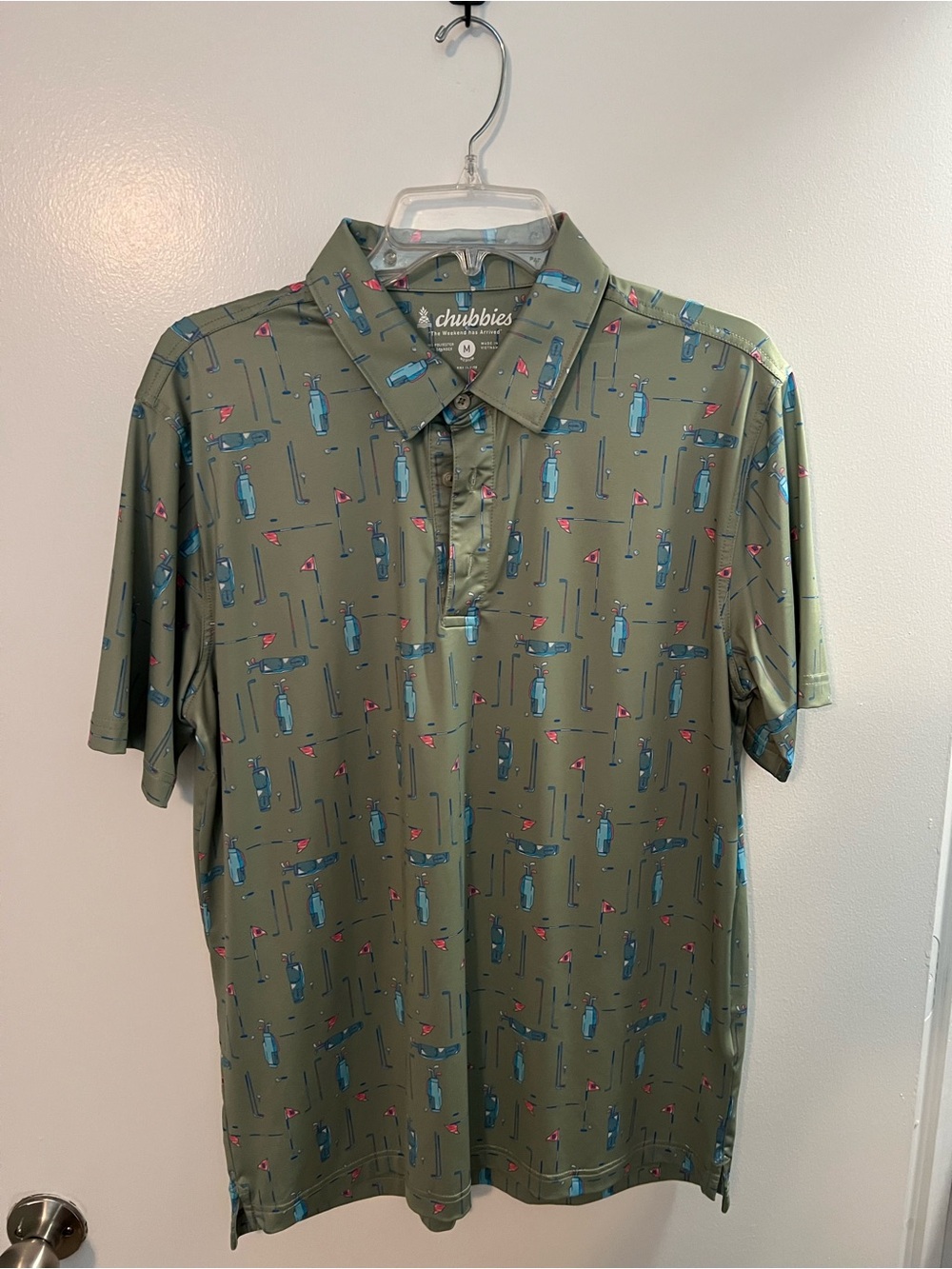 chubbies Olive Green Polo with Blue and Red Golf Motif